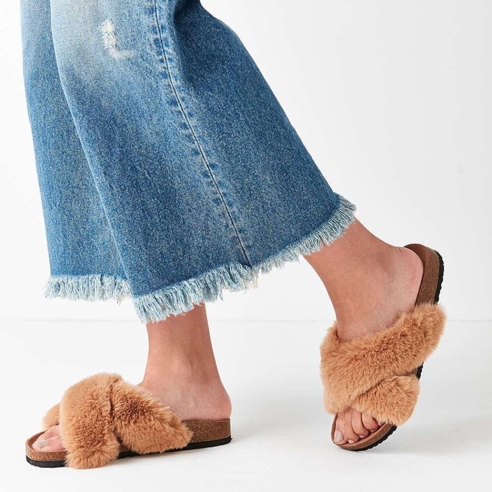 Urban Outfitters Women's Brown Crossed Faux Fur Slide